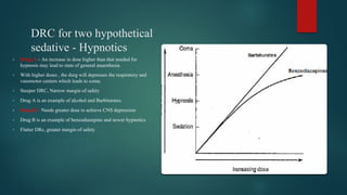 DRC for two hypothetical
sedative - Hypnotics
• Drug A – An increase in dose higher than that needed for
hypnosis may lead to state of general anaesthesia.
• With higher doses , the durg will depresses the respiratory and
vasomotor centers which leads to coma.
• Steeper DRC, Narrow margin of safety
• Drug A is an example of alcohol and Barbiturates.
• Drug B – Needs greater dose to achieve CNS depression
• Drug B is an example of benzodiazepine and newer hypnotics
• Flatter DRc, greater margin of safety
 