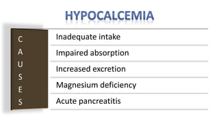 Inadequate intake
Impaired absorption
Increased excretion
Magnesium deficiency
Acute pancreatitis
 