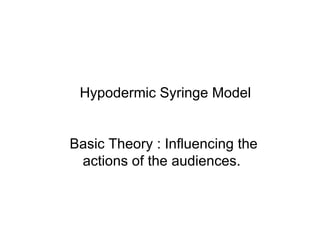 Basic Theory : Influencing the actions of the audiences. Hypodermic Syringe Model