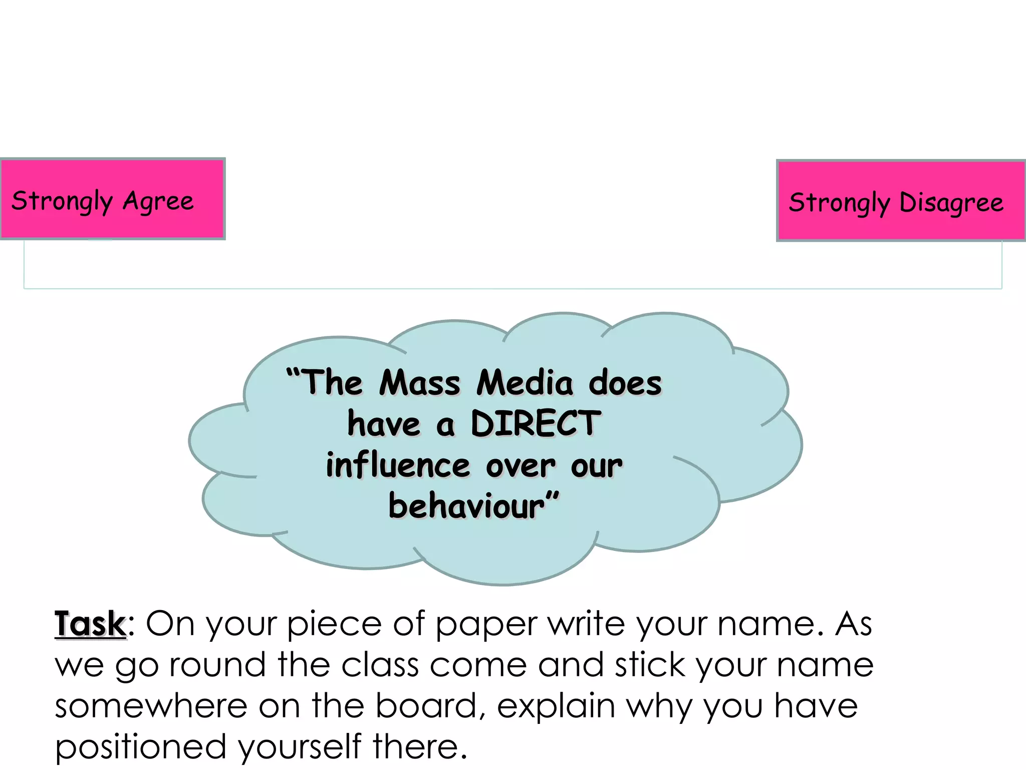 Strongly Agree Strongly Disagree “ The Mass Media does have a DIRECT influence over our behaviour” Task : On your piece of paper write your name. As we go round the class come and stick your name somewhere on the board, explain why you have positioned yourself there. 