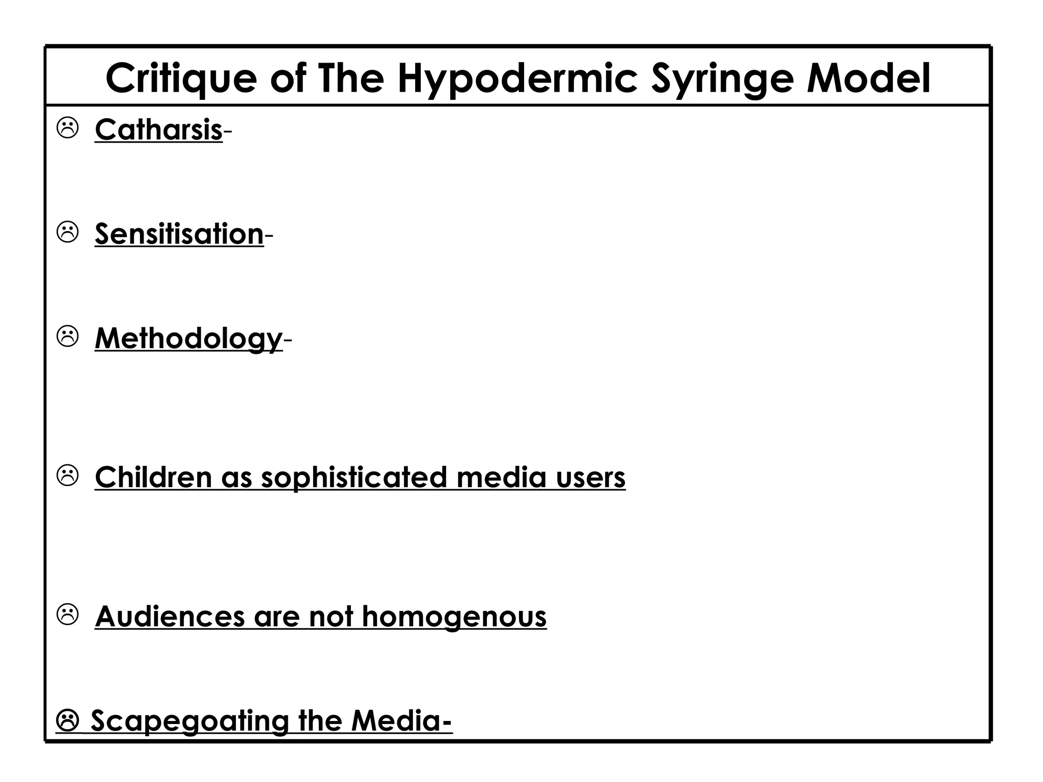 Critique of The Hypodermic Syringe Model Catharsis -  Sensitisation -  Methodology -  Children as sophisticated media users Audiences are not homogenous    Scapegoating the Media- 