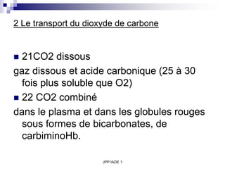 JPP IADE 1
2 Le transport du dioxyde de carbone
 21CO2 dissous
gaz dissous et acide carbonique (25 à 30
fois plus soluble que O2)
 22 CO2 combiné
dans le plasma et dans les globules rouges
sous formes de bicarbonates, de
carbiminoHb.
 
