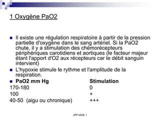 JPP IADE 1
1 Oxygène PaO2
 Il existe une régulation respiratoire à partir de la pression
partielle d'oxygène dans le sang artériel. Si la PaO2
chute, il y a stimulation des chémorécepteurs
périphériques carotidiens et aortiques (le facteur majeur
étant l'apport d'O2 aux récepteurs car le débit sanguin
intervient)
 L'hypoxie stimule le rythme et l'amplitude de la
respiration.
 PaO2 mm Hg Stimulation
170-180 0
100 +
40-50 (aigu ou chronique) +++
 