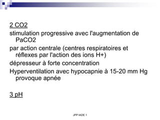 JPP IADE 1
2 CO2
stimulation progressive avec l'augmentation de
PaCO2
par action centrale (centres respiratoires et
réflexes par l'action des ions H+)
dépresseur à forte concentration
Hyperventilation avec hypocapnie à 15-20 mm Hg
provoque apnée
3 pH
 
