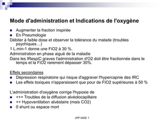 JPP IADE 1
Mode d'administration et Indications de l'oxygène
 Augmenter la fraction inspirée
 En Pneumologie
Débiter à faible dose et observer la tolérance du malade (troubles
psychiques…)
1 L.min-1 donne une FiO2 à 30 %.
Administration en phase aiguë de la maladie
Dans les IRespiC graves l'administration d'O2 doit être fractionnée dans le
temps et la FiO2 rarement dépasser 30%.
Effets secondaires
 Dépression respiratoire qui risque d'aggraver l'hypercapnie des IRC
 Les effets toxiques n'apparaissent que pour de FIO2 supérieures à 50 %
L'administration d'oxygène corrige l'hypoxie de
 +++ Troubles de la diffusion alvéolocapillaire
 ++ Hypoventilation alvéolaire (mais CO2)
 0 shunt ou espace mort
 