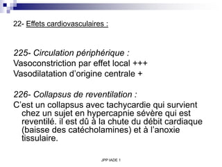 JPP IADE 1
22- Effets cardiovasculaires :
225- Circulation périphérique :
Vasoconstriction par effet local +++
Vasodilatation d’origine centrale +
226- Collapsus de reventilation :
C’est un collapsus avec tachycardie qui survient
chez un sujet en hypercapnie sévère qui est
reventilé. il est dû à la chute du débit cardiaque
(baisse des catécholamines) et à l’anoxie
tissulaire.
 