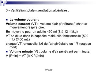 JPP IADE 1
3 - Ventilation totale - ventilation alvéolaire :
 Le volume courant
Volume courant (VT) : volume d’air pénétrant à chaque
mouvement respiratoire.
En moyenne pour un adulte 450 ml (8 à 12 ml/kg)
VT se dilue dans la capacité résiduelle fonctionnelle (500
mL/ 2400 mL)
chaque VT renouvelle 1/6 de l'air alvéolaire ou 1/7 (espace
mort)
 Volume minute (V) : volume d’air pénétrant par minute.
V (l/min) = VT (l) X f (/min)
 