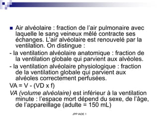 JPP IADE 1
 Air alvéolaire : fraction de l’air pulmonaire avec
laquelle le sang veineux mêlé contracte ses
échanges. L’air alvéolaire est renouvelé par la
ventilation. On distingue :
- la ventilation alvéolaire anatomique : fraction de
la ventilation globale qui parvient aux alvéoles.
- la ventilation alvéolaire physiologique : fraction
de la ventilation globale qui parvient aux
alvéoles correctement perfusées.
VA = V - (VD x f)
VA (volume alvéolaire) est inférieur à la ventilation
minute : l’espace mort dépend du sexe, de l’âge,
de l’appareillage (adulte = 150 mL)
 