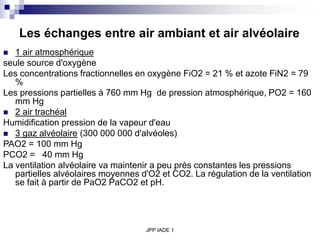 JPP IADE 1
Les échanges entre air ambiant et air alvéolaire
 1 air atmosphérique
seule source d'oxygène
Les concentrations fractionnelles en oxygène FiO2 = 21 % et azote FiN2 = 79
%
Les pressions partielles à 760 mm Hg de pression atmosphérique, PO2 = 160
mm Hg
 2 air trachéal
Humidification pression de la vapeur d'eau
 3 gaz alvéolaire (300 000 000 d'alvéoles)
PAO2 = 100 mm Hg
PCO2 = 40 mm Hg
La ventilation alvéolaire va maintenir a peu près constantes les pressions
partielles alvéolaires moyennes d'O2 et CO2. La régulation de la ventilation
se fait à partir de PaO2 PaCO2 et pH.
 