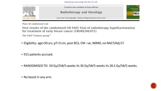  Eligibility: age>50 yrs, pT<3 cm, post BCS, CM –ve, N0M0, no NACT/Adj CT.
 915 patients accrued.
 RANDOMISED TO- 50 Gy/25#/5 weeks Vs 30 Gy/5#/5 weeks Vs 28.5 Gy/5#/5 weeks.
 No boost in any arm.
 