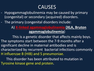 CAUSES
- Hypogammaglobulinemia may be caused by primary
(congenital) or secondary (acquired) disorders.
- The primary (congenital disorders include:
A) X-linked agammaglobulinemia (XLA, Bruton
agammaglobulinemia)
This is a genetic disorder that affects mainly boys.
The symptoms start between the 7-9 months after a
significant decline in maternal antibodies and is
characterized by recurrent bacterial infections commonly
H influenzae B (HIB) and S pneumoniae.
This disorder has been attributed to mutation in
Tyrosine kinase gene and protein.
 