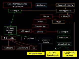 Suspected/Documented
                                       No diabetes                Apparently healthy
        Hypoglycemia

       < 55 mg/dl                                                   Fasting glucose

                                                 History                ≥ 55 mg/dl

                                        Strong                   Weak

                                     Extended fast
  ↑ Insulin,
  Whipple’s         < 55 mg/dl         Glucose                      ≥ 55 mg/dl
    triad

↑ C-peptide                                                         Mixed meal
                       ↓ C-peptide
                                             Exogenous
                                               insulin
                                                                  Whipple’s triad
Insulinoma     Autoimmune        SU                          +                 --

                             Likely Factitious         Reactive            Hypoglycemia
                                                     hypoglycemia            excluded
 