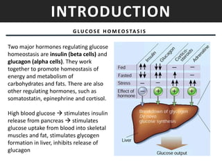 INTRODUCTION
G LU C O S E H O M EO S TA S I S
Two major hormones regulating glucose
homeostasis are insulin (beta cells) and
glucagon (alpha cells). They work
together to promote homeostasis of
energy and metabolism of
carbohydrates and fats. There are also
other regulating hormones, such as
somatostatin, epinephrine and cortisol.
High blood glucose  stimulates insulin
release from pancreas  stimulates
glucose uptake from blood into skeletal
muscles and fat, stimulates glycogen
formation in liver, inhibits release of
glucagon
 