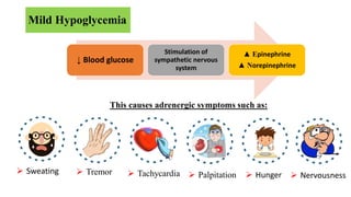 Mild Hypoglycemia
This causes adrenergic symptoms such as:
↓ Blood glucose
Stimulation of
sympathetic nervous
system
▲ Epinephrine
▲ Norepinephrine
 Sweating  Tremor  Tachycardia  Hunger
 Palpitation  Nervousness
 