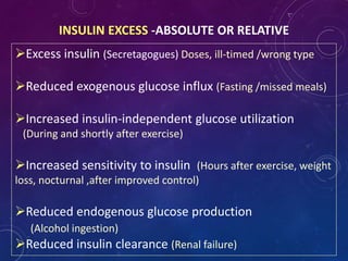 INSULIN EXCESS -ABSOLUTE OR RELATIVE
Excess insulin (Secretagogues) Doses, ill-timed /wrong type
Reduced exogenous glucose influx (Fasting /missed meals)
Increased insulin-independent glucose utilization
(During and shortly after exercise)
Increased sensitivity to insulin (Hours after exercise, weight
loss, nocturnal ,after improved control)
Reduced endogenous glucose production
(Alcohol ingestion)
Reduced insulin clearance (Renal failure)
 