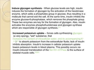Induce glycogen synthesis - When glucose levels are high, insulin
induces the formation of glycogen by the activation of the hexokinase
enzyme, which adds a phosphates group in glucose, thus resulting in a
molecule that cannot exit the cell. At the same time, insulin inhibits the
enzyme glucose-6-phosphatase, which removes the phosphate group.
These two enzymes are key for the formation of glycogen. Also, insulin
activates the enzymes phosphofructokinase and glycogen synthase
which are responsible of glycogen synthesis.[57]
Increased potassium uptake – forces cells synthesizing glycogen
(a very spongy, "wet" substance, that
increases the content of intracellular water, and its accompanying K+
ions
)[58]
to absorb potassium from the extracellular fluids; lack of insulin
inhibits absorption. Insulin's increase in cellular potassium uptake
lowers potassium levels in blood plasma. This possibly occurs via
insulin-induced translocation of the Na+/K+-ATPase to the surface of
skeletal muscle cells.[59][60]
 