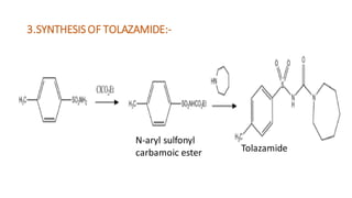 3.SYNTHESIS OF TOLAZAMIDE:-
Tolazamide
N-aryl sulfonyl
carbamoic ester
 