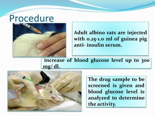Procedure
Adult albino rats are injected
with 0.25-1.0 ml of guinea pig
anti- insulin serum.
increase of blood glucose level up to 300
mg/ dl.
The drug sample to be
screened is given and
blood glucose level is
analyzed to determine
the activity.
 