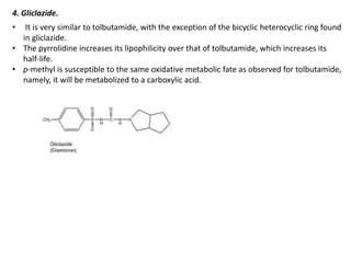 4. Gliclazide.
• It is very similar to tolbutamide, with the exception of the bicyclic heterocyclic ring found
in gliclazide.
• The pyrrolidine increases its lipophilicity over that of tolbutamide, which increases its
half-life.
• p-methyl is susceptible to the same oxidative metabolic fate as observed for tolbutamide,
namely, it will be metabolized to a carboxylic acid.
 