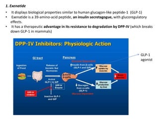 1. Exenatide
• It displays biological properties similar to human glucagon-like peptide-1 (GLP-1)
• Exenatide is a 39-amino-acid peptide, an insulin secretagogue, with glucoregulatory
effects.
• It has a therapeutic advantage in its resistance to degradation by DPP-IV (which breaks
down GLP-1 in mammals)
GLP-1
agonist
 