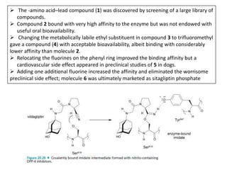  The -amino acid–lead compound (1) was discovered by screening of a large library of
compounds.
 Compound 2 bound with very high affinity to the enzyme but was not endowed with
useful oral bioavailability.
 Changing the metabolically labile ethyl substituent in compound 3 to trifluoromethyl
gave a compound (4) with acceptable bioavailability, albeit binding with considerably
lower affinity than molecule 2.
 Relocating the fluorines on the phenyl ring improved the binding affinity but a
cardiovascular side effect appeared in preclinical studies of 5 in dogs.
 Adding one additional fluorine increased the affinity and eliminated the worrisome
preclinical side effect; molecule 6 was ultimately marketed as sitagliptin phosphate
 