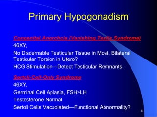 Primary Hypogonadism

Congenital Anorchcia (Vanishing Testis Syndrome)
46XY,
No Discernable Testicular Tissue in Most, Bilateral
Testicular Torsion in Utero?
HCG Stimulation—Detect Testicular Remnants

Sertoli-Cell-Only Syndrome
46XY,
Germinal Cell Aplasia, FSH>LH
Testosterone Normal
Sertoli Cells Vacuolated—Functional Abnormality?
                                                   11
 
