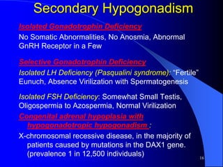Secondary Hypogonadism
Isolated Gonadotrophin Deficiency
No Somatic Abnormalities, No Anosmia, Abnormal
GnRH Receptor in a Few

Selective Gonadotrophin Deficiency
Isolated LH Deficiency (Pasqualini syndrome): “Fertile”
Eunuch, Absence Virilization with Spermatogenesis

Isolated FSH Deficiency: Somewhat Small Testis,
Oligospermia to Azospermia, Normal Virilization
Congenital adrenal hypoplasia with
   hypogonadotropic hypogonadism :
X-chromosomal recessive disease, in the majority of
   patients caused by mutations in the DAX1 gene.
   (prevalence 1 in 12,500 individuals)                   16
 