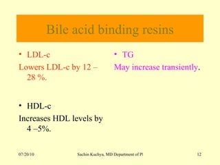 Bile acid binding resins LDL-c  Lowers LDL-c by 12 –28 %. TG May increase transiently . HDL-c  Increases HDL levels by 4 –5%. 