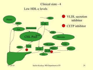 Low HDL-c levels VLDL secretion inhibitor CETP inhibitor 5 7 Clinical state - 4 CHL Pool Dietary CHL  VLDL Chylomicrons 50%  50%  VLDL LDL TG  CHL Atheroma  Gut  HDL2  HDL3  CHL ester TG  LDL CETP 7 5 