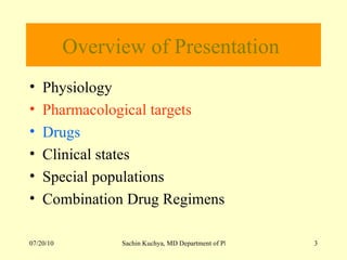 Overview of Presentation  Physiology Pharmacological targets Drugs Clinical states Special populations Combination Drug Regimens 
