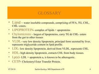 GLOSSARY Lipid  –  water insoluble compounds, comprising of FFA, TG, CHL, CHL- esters. LIPOPROTEIN - complex of lipids + apoproteins Chylomicrons  – largest of lipoproteins, carry TG & CHL- esters from the gut to other tissues VLDL - very low density lipoprotein, principal form secreted by liver, represents triglyceride content in lipid profile. LDL - low density lipoprotein, derived from VLDL, represents CHL. HDL - high density lipoprotein, extracts CHL from body tissues. Lp(a)-  LDL + apoprotein a, is known to be atherogenic . CETP -  Cholesteryl Ester Transfer Protein . 