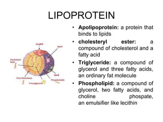 LIPOPROTEIN
• Apolipoprotein: a protein that
binds to lipids
• cholesteryl ester: a
compound of cholesterol and a
fatty acid
• Triglyceride: a compound of
glycerol and three fatty acids,
an ordinary fat molecule
• Phospholipid: a compound of
glycerol, two fatty acids, and
choline phospate,
an emulsifier like lecithin
 