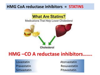 HMG –CO A reductase inhibitors…….
Lovastatin Atorvastatin
Pravastatin Rosuvastatin
Simvastatin Pitavastatin
HMG CoA reductase inhibitors = STATINS
 