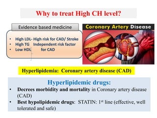 Why to treat High CH level?
• High LDL- High risk for CAD/ Stroke
• High TG Independent risk factor
• Low HDL for CAD
Evidence based medicine
Hyperlipidemia: Coronary artery disease (CAD)
Hyperlipidemic drugs:
• Decrees morbidity and mortality in Coronary artery disease
(CAD)
• Best hypolipidemic drugs: STATIN: 1st line (effective, well
tolerated and safe)
 