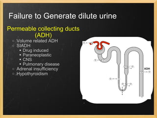 Failure to Generate dilute urine Permeable collecting ducts (ADH) Volume related ADH SIADH Drug induced Paraneoplastic CNS Pulmonary disease Adrenal insufficiency Hypothyroidism 