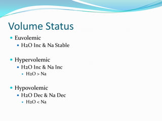 Volume Status
 Euvolemic
    H2O Inc & Na Stable


 Hypervolemic
   H2O Inc & Na Inc
       H2O > Na


 Hypovolemic
   H2O Dec & Na Dec
       H2O < Na
 