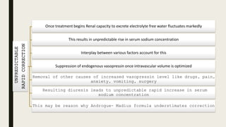 UNPREDICTABLE
RAPIDCORRECTION
Once treatment begins Renal capacity to excrete electrolyte free water fluctuates markedly
This results in unpredictable rise in serum sodium concentration
Interplay between various factors account for this
Suppression of endogenous vasopressin once intravascular volume is optimized
Removal of other causes of increased vasopressin level like drugs, pain,
anxiety, vomiting, surgery
Resulting diuresis leads to unpredictable rapid increase in serum
sodium concentration
This may be reason why Androgue- Madius formula understimates correction
 