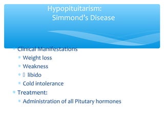 Hypopituitarism:
Simmond’s Disease
∗ Clinical Manifestations
∗ Weight loss
∗ Weakness
∗  libido
∗ Cold intolerance
∗ Treatment:
∗ Administration of all Pitutary hormones
 