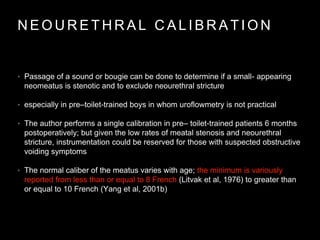 N E O U R E T H R A L C A L I B R A T I O N
• Passage of a sound or bougie can be done to determine if a small- appearing
neomeatus is stenotic and to exclude neourethral stricture
• especially in pre–toilet-trained boys in whom uroflowmetry is not practical
• The author performs a single calibration in pre– toilet-trained patients 6 months
postoperatively; but given the low rates of meatal stenosis and neourethral
stricture, instrumentation could be reserved for those with suspected obstructive
voiding symptoms
• The normal caliber of the meatus varies with age; the minimum is variously
reported from less than or equal to 8 French (Litvak et al, 1976) to greater than
or equal to 10 French (Yang et al, 2001b)
 