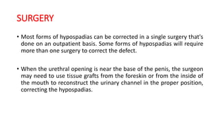 SURGERY
• Most forms of hypospadias can be corrected in a single surgery that's
done on an outpatient basis. Some forms of hypospadias will require
more than one surgery to correct the defect.
• When the urethral opening is near the base of the penis, the surgeon
may need to use tissue grafts from the foreskin or from the inside of
the mouth to reconstruct the urinary channel in the proper position,
correcting the hypospadias.
 