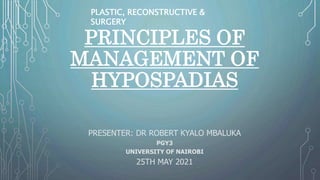 PRINCIPLES OF
MANAGEMENT OF
HYPOSPADIAS
PRESENTER: DR ROBERT KYALO MBALUKA
PGY3
UNIVERSITY OF NAIROBI
25TH MAY 2021
PLASTIC, RECONSTRUCTIVE &
SURGERY
 