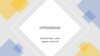 (German) Hypo : under
Spadizo : to tear off
HYPOSPADIAS
 
