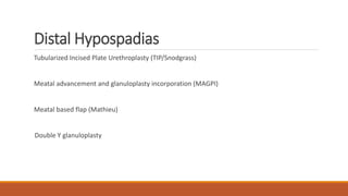 Distal Hypospadias
Tubularized Incised Plate Urethroplasty (TIP/Snodgrass)
Meatal advancement and glanuloplasty incorporation (MAGPI)
Meatal based flap (Mathieu)
Double Y glanuloplasty
 