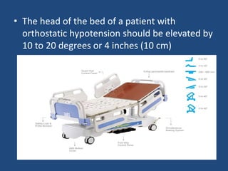 • The head of the bed of a patient with 
orthostatic hypotension should be elevated by 
10 to 20 degrees or 4 inches (10 cm) 
 