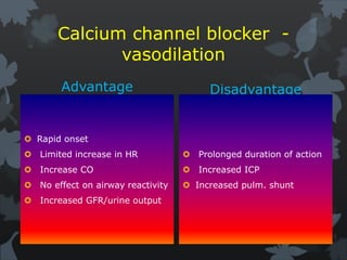 Calcium channel blocker -
vasodilation
Advantage
 Rapid onset
 Limited increase in HR
 Increase CO
 No effect on airway reactivity
 Increased GFR/urine output
Disadvantage
 Prolonged duration of action
 Increased ICP
 Increased pulm. shunt
 