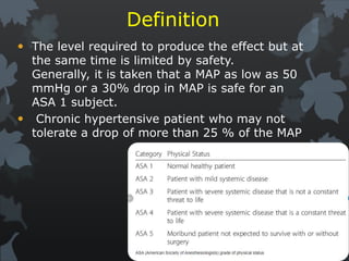 Definition
 The level required to produce the effect but at
the same time is limited by safety.
Generally, it is taken that a MAP as low as 50
mmHg or a 30% drop in MAP is safe for an
ASA 1 subject.
 Chronic hypertensive patient who may not
tolerate a drop of more than 25 % of the MAP
 