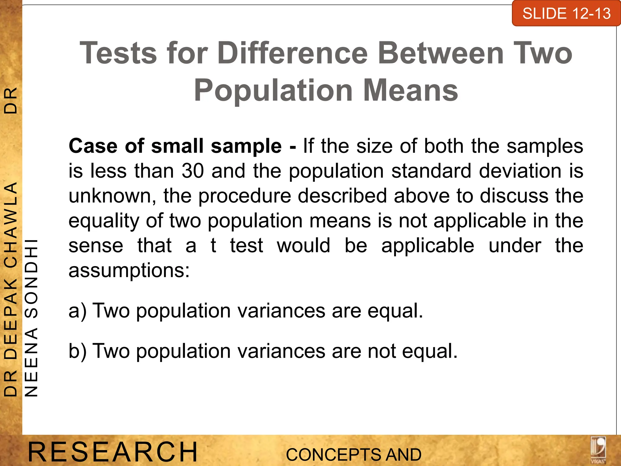 Tests for Difference Between Two
Population Means
Case of small sample - If the size of both the samples
is less than 30 and the population standard deviation is
unknown, the procedure described above to discuss the
equality of two population means is not applicable in the
sense that a t test would be applicable under the
assumptions:
a) Two population variances are equal.
b) Two population variances are not equal.
SLIDE 7-1
RESEARCH CONCEPTS AND
D
R
D
E
E
PA
K
C
H
A
W
L
A
D
R
N
E
E
N
A
S
O
N
D
H
I
SLIDE 12-13
 