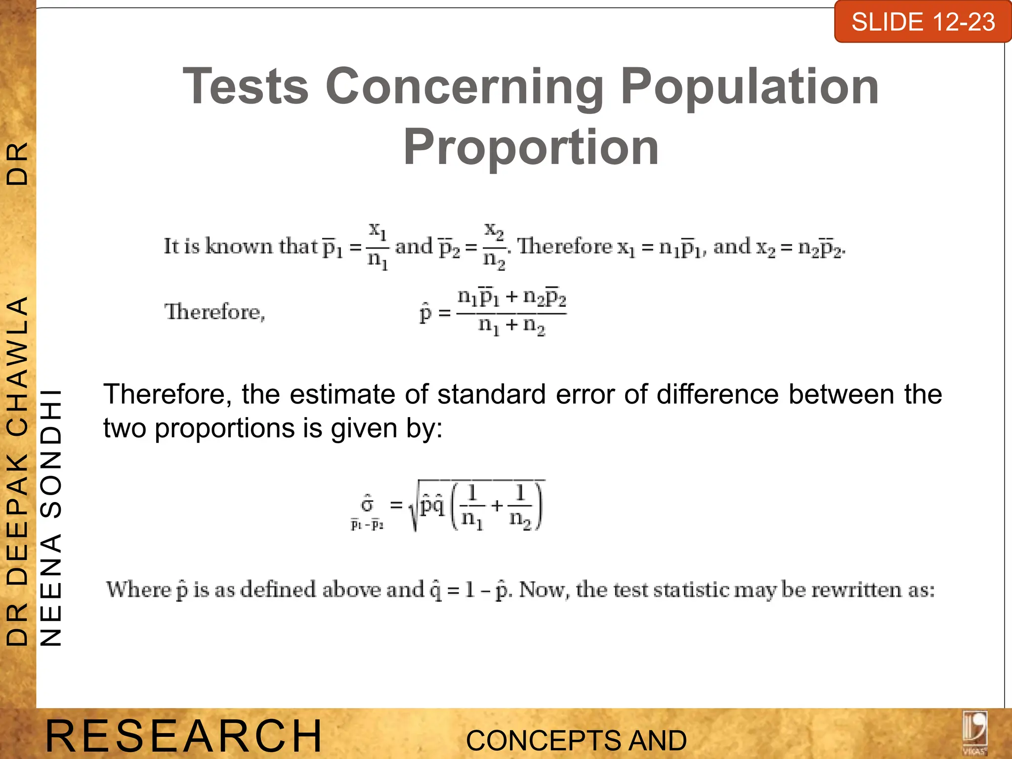 Tests Concerning Population
Proportion
Therefore, the estimate of standard error of difference between the
two proportions is given by:
SLIDE 7-1
RESEARCH CONCEPTS AND
D
R
D
E
E
PA
K
C
H
A
W
L
A
D
R
N
E
E
N
A
S
O
N
D
H
I
SLIDE 12-23
 