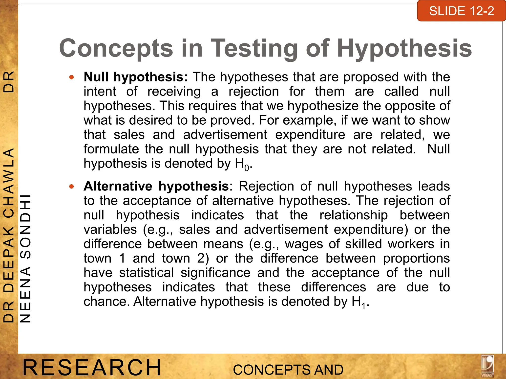 Concepts in Testing of Hypothesis
 Null hypothesis: The hypotheses that are proposed with the
intent of receiving a rejection for them are called null
hypotheses. This requires that we hypothesize the opposite of
what is desired to be proved. For example, if we want to show
that sales and advertisement expenditure are related, we
formulate the null hypothesis that they are not related. Null
hypothesis is denoted by H0.
 Alternative hypothesis: Rejection of null hypotheses leads
to the acceptance of alternative hypotheses. The rejection of
null hypothesis indicates that the relationship between
variables (e.g., sales and advertisement expenditure) or the
difference between means (e.g., wages of skilled workers in
town 1 and town 2) or the difference between proportions
have statistical significance and the acceptance of the null
hypotheses indicates that these differences are due to
chance. Alternative hypothesis is denoted by H1.
SLIDE 7-1
RESEARCH CONCEPTS AND
D
R
D
E
E
PA
K
C
H
A
W
L
A
D
R
N
E
E
N
A
S
O
N
D
H
I
SLIDE 12-2
 