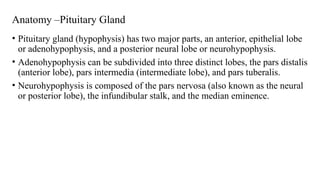 Anatomy –Pituitary Gland
• Pituitary gland (hypophysis) has two major parts, an anterior, epithelial lobe
or adenohypophysis, and a posterior neural lobe or neurohypophysis.
• Adenohypophysis can be subdivided into three distinct lobes, the pars distalis
(anterior lobe), pars intermedia (intermediate lobe), and pars tuberalis.
• Neurohypophysis is composed of the pars nervosa (also known as the neural
or posterior lobe), the infundibular stalk, and the median eminence.
 